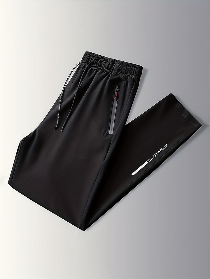 Men's Letters Print Pants With Zipper Pockets, Casual Elastic Waist Thin Breathable Drawstring Trousers For Outdoor Activities Gift