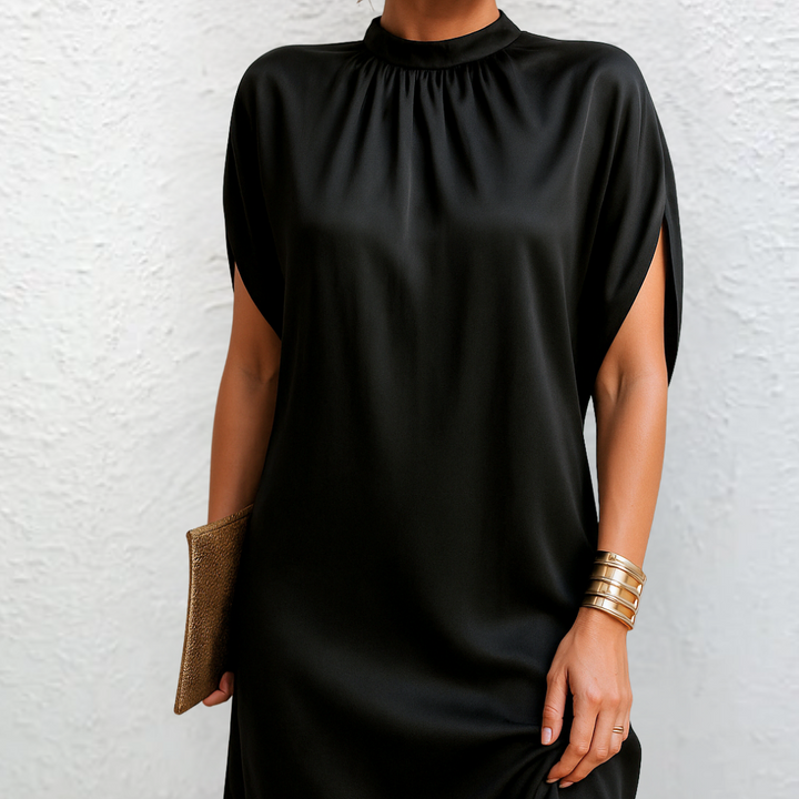Fleur De Luxe - Robe Droite Élégante en Satin Noir