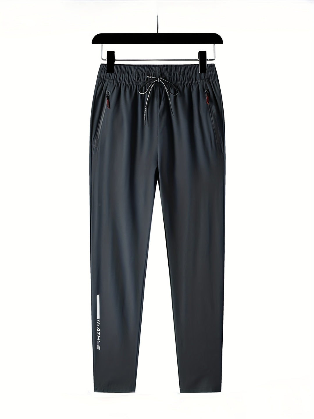 Men's Letters Print Pants With Zipper Pockets, Casual Elastic Waist Thin Breathable Drawstring Trousers For Outdoor Activities Gift