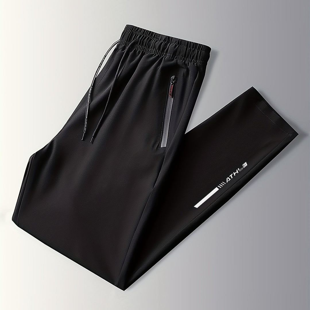 Men's Letters Print Pants With Zipper Pockets, Casual Elastic Waist Thin Breathable Drawstring Trousers For Outdoor Activities Gift