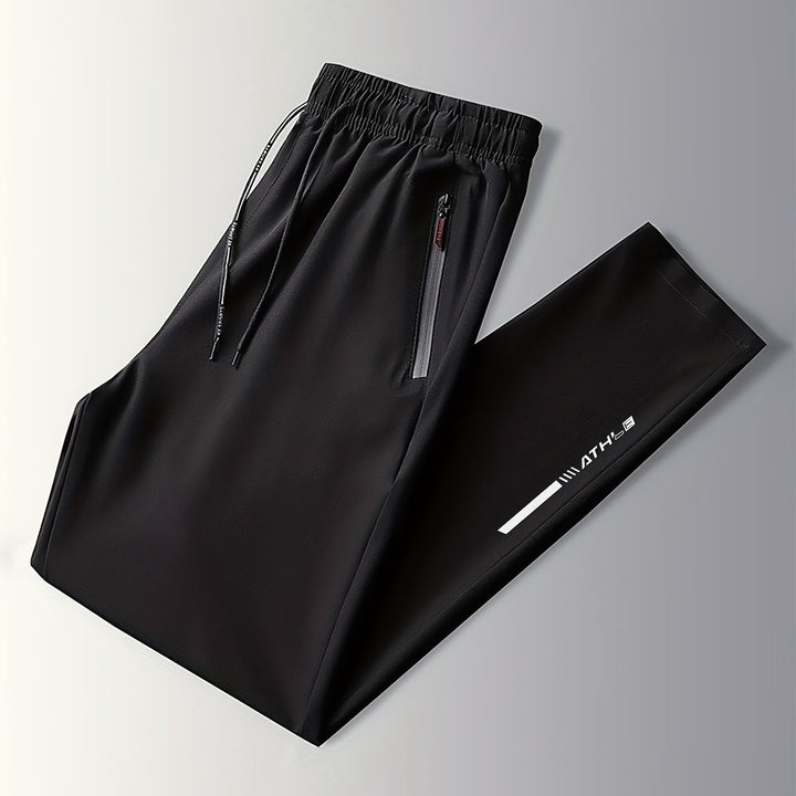 Men's Letters Print Pants With Zipper Pockets, Casual Elastic Waist Thin Breathable Drawstring Trousers For Outdoor Activities Gift