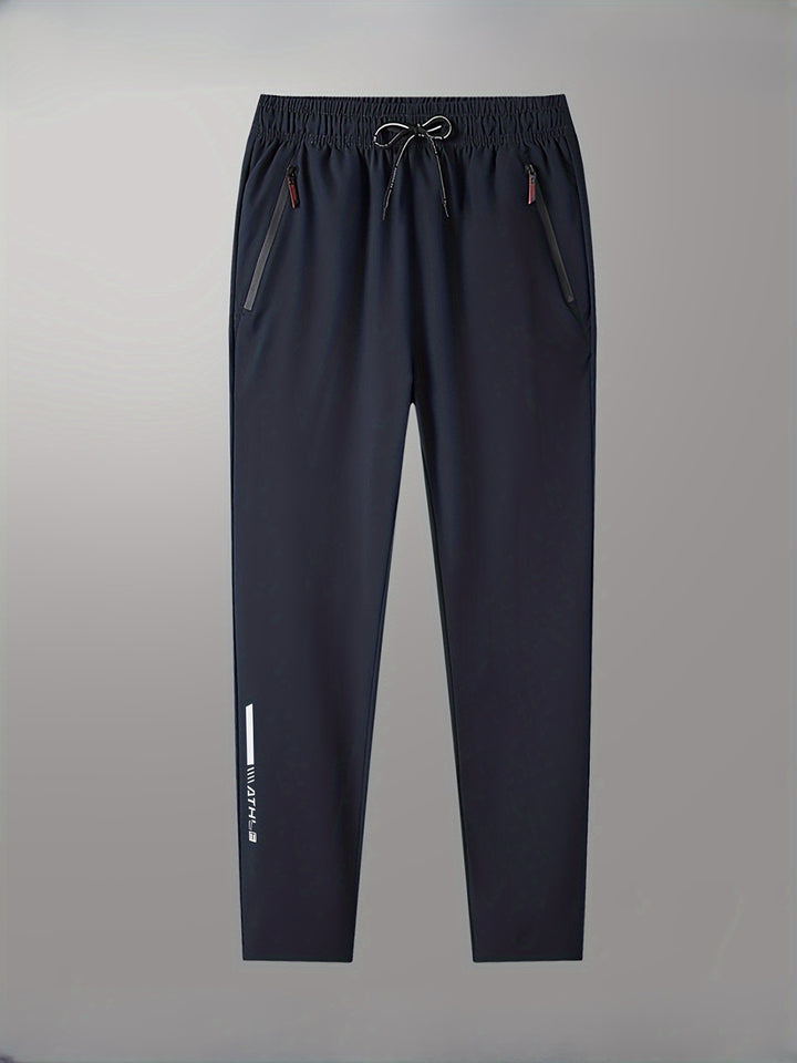 Men's Letters Print Pants With Zipper Pockets, Casual Elastic Waist Thin Breathable Drawstring Trousers For Outdoor Activities Gift