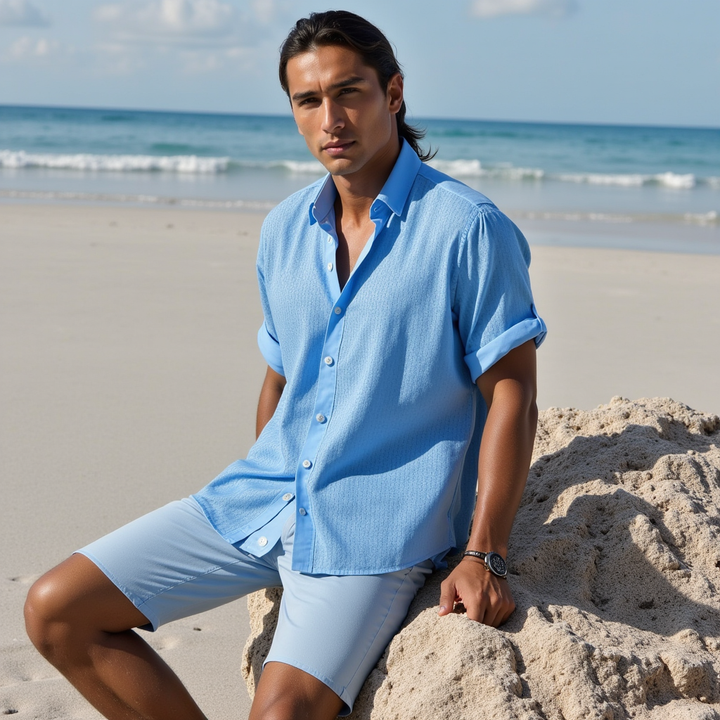 Fleur De Luxe - Chemise Bleu Clair en Coton Gaufré