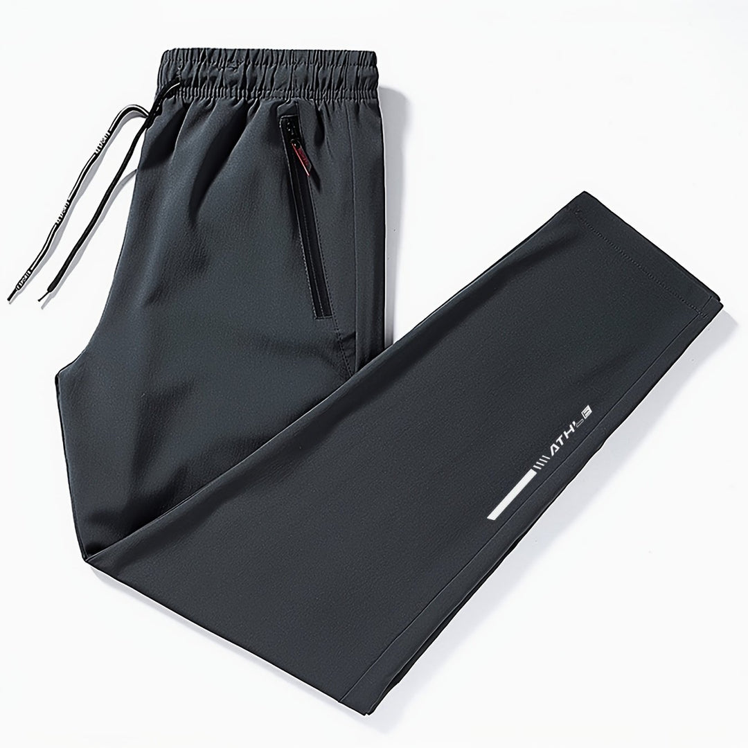 Men's Letters Print Pants With Zipper Pockets, Casual Elastic Waist Thin Breathable Drawstring Trousers For Outdoor Activities Gift
