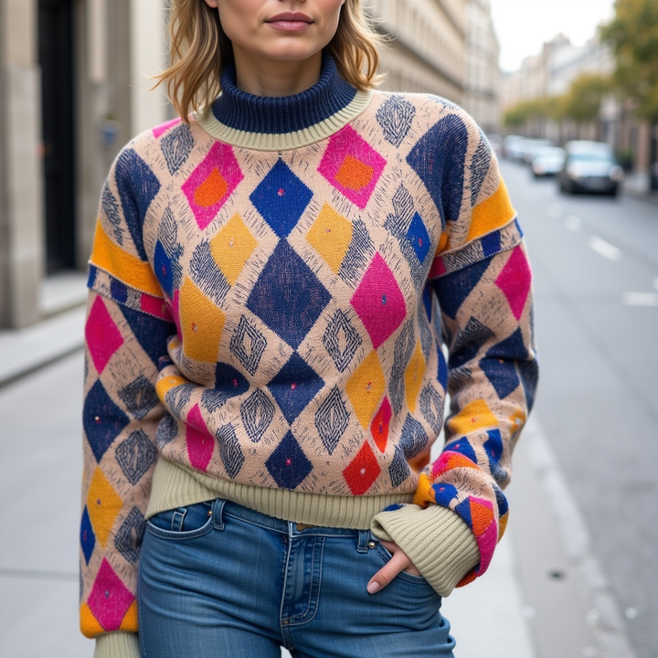 Fenna - Pull col roulé en maille à carreaux géométriques