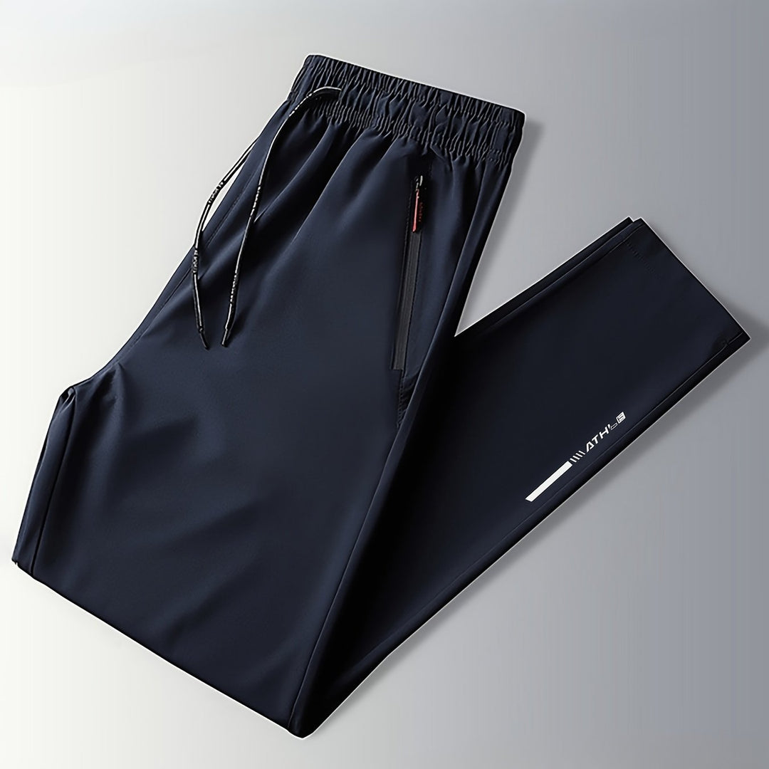 Men's Letters Print Pants With Zipper Pockets, Casual Elastic Waist Thin Breathable Drawstring Trousers For Outdoor Activities Gift