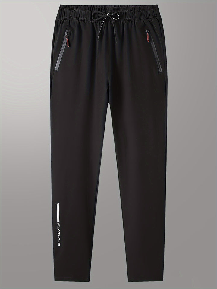 Men's Letters Print Pants With Zipper Pockets, Casual Elastic Waist Thin Breathable Drawstring Trousers For Outdoor Activities Gift